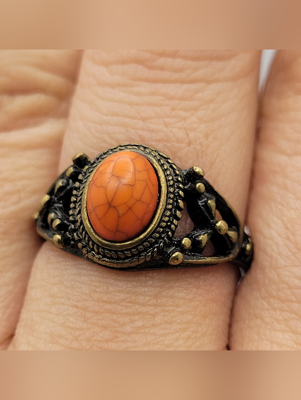 Boho Antiqued Brass Orange Faux Coral Cabochon Filigree Ring Size 8